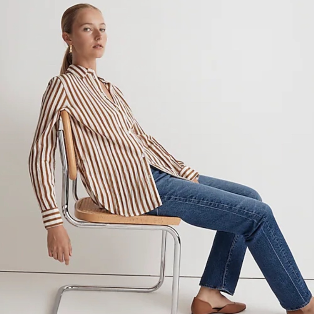 Madewell | Crinkled Button-Up Shirt in Toffee Stripe